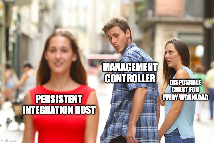 Distracted boyfriend meme: the management controller turns from a disposable guest for every workload toward a persistent integration host