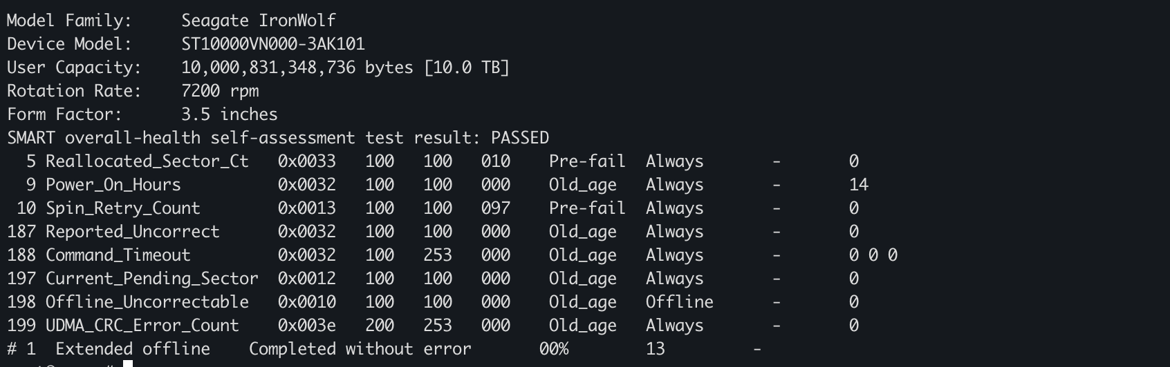 Sanitized SMART result showing the completed extended self-test