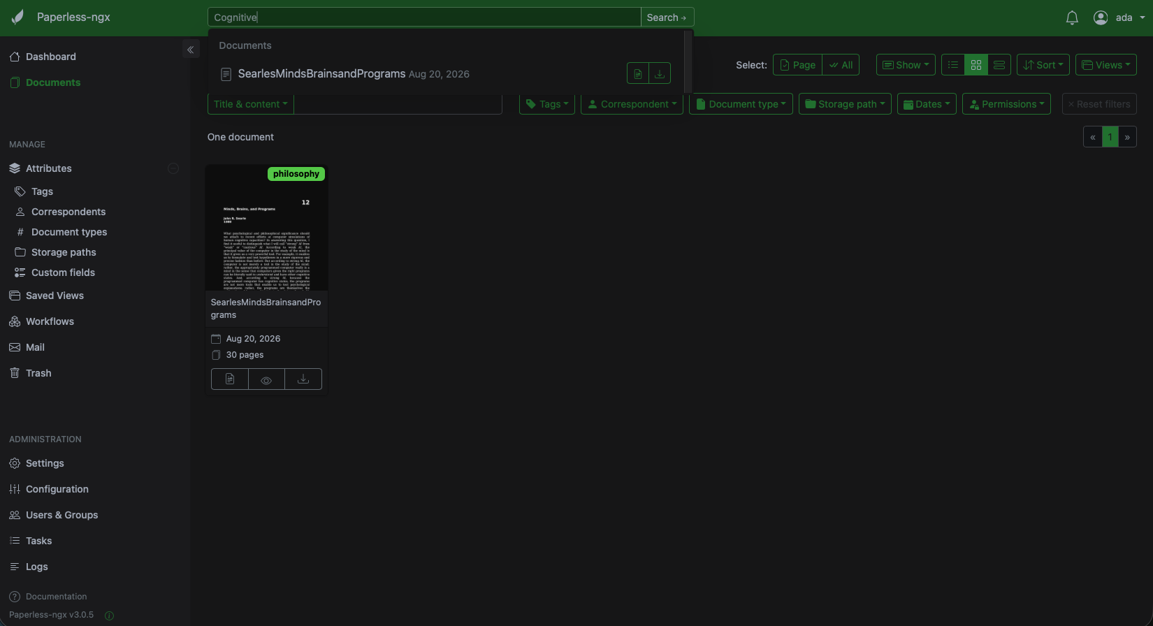 Paperless-ngx dashboard with OCR assisted file search