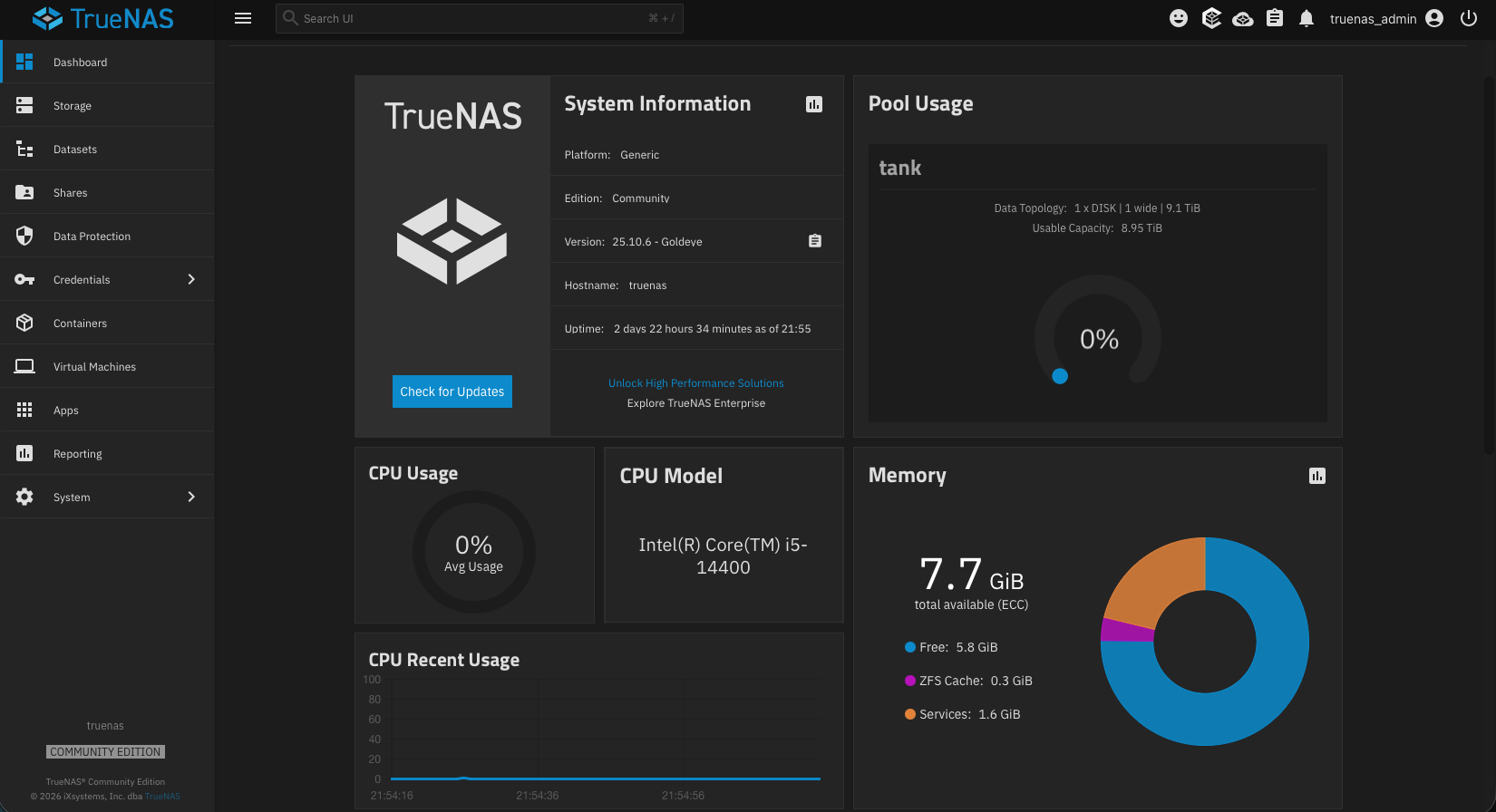 TrueNAS dashboard showing pool and capacity